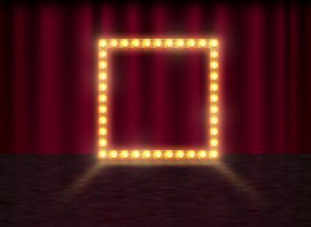 Square frame with glowing shiny light bulbs, vector illustration. Shining party banner on red curtain background and stage. Signboard with lamps border for lottery, casino, poker, rouletteのイラスト素材