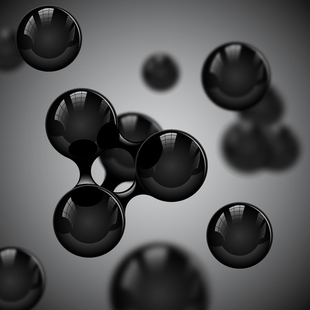 Vector abstract black glossy molecules design. Atoms illustration. Medical background for science banner or flyer. Molecular structure with spherical particlesのイラスト素材