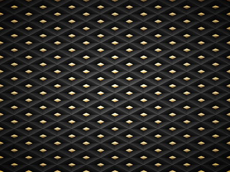 Vector black embossed pattern plastic grid background with golden insert element. Technology diamond shape cell dark geometric pattern.のイラスト素材