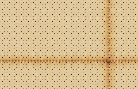 Vector light perforated leather texture wallpaper. Realistic perforated background with sewing line and rivet. Beige dotted pattern. Car seat material designのイラスト素材