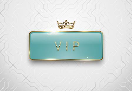 Vip light green glass label with golden frame sparks and crown on white background. Premium glossy template. Vector luxury illustrationのイラスト素材