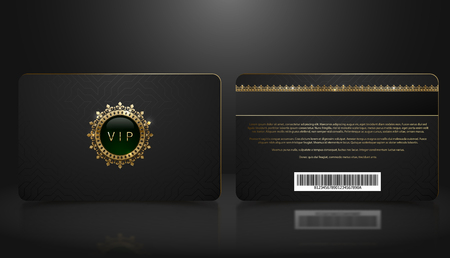 Vector template of membership or loyalty black VIP card with luxury geometric pattern. Front and back design presentation. Premium member, gift plastic card with golden crown, gem, barcode.のイラスト素材