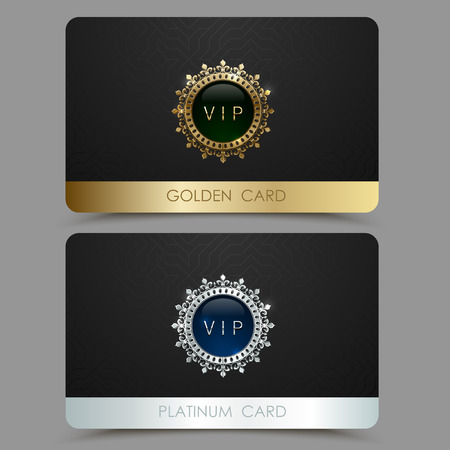 Vector golden and platinum VIP card template. Crown round frame with gem on a black geometric pattern background. Jewel label design plastic card with metallic line.のイラスト素材