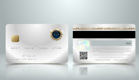 Vector realistic silver credit card with abstract geometric background. Golden element credit card metallic design template. Bank presentation with hologram, qr-code and magnetic stripのイラスト素材