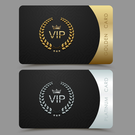 Vector VIP golden and platinum card. Black geometric pattern background with crown laurel wreath. Luxury design for vip member.のイラスト素材