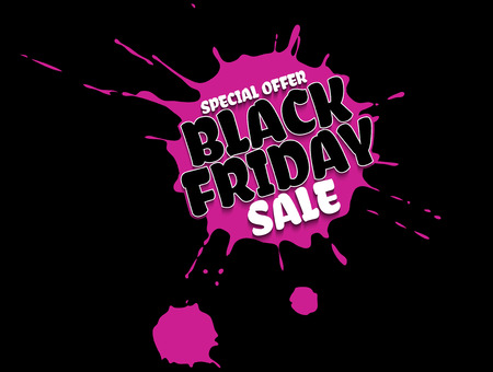 Black Friday Sale grunge poster. White special offer text banner with grunge pink ink drops isolated on black background. Vector illustrationのイラスト素材