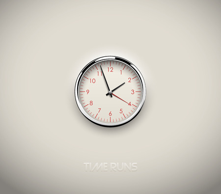 Realistic round clock cut out in white background. Red round scale and numbers. Chrome stainless steel frame ring. Vector icon design or ui screen interface elementのイラスト素材