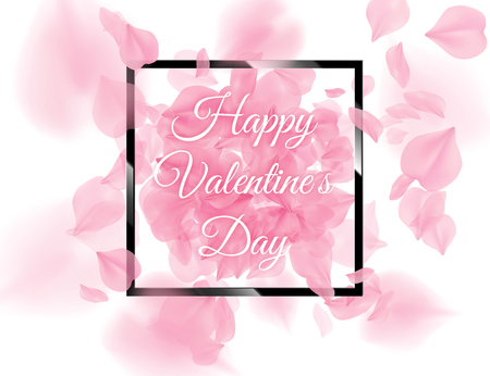 Happy Valentines Day black square frame with pink sacura petals falling on white background. Vector rose flower 3D romantic illustration. Spring tender light backdrop. Tenderness romance designのイラスト素材