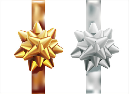 Golden, silver gift bow set vertical ribbon. Isolated on white background. Vector illustration. Christmas, New Year, birthday gold decoration. Banner, greeting card, posterのイラスト素材