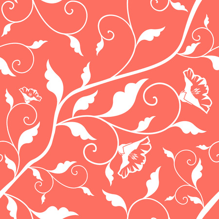 Coral Pink Vector Seamless Floral Pattern. Living Coral - 2019 Color of the Year. Leaves and flowers white texture. Repeating damask background. Wrapping paper or silk clothのイラスト素材