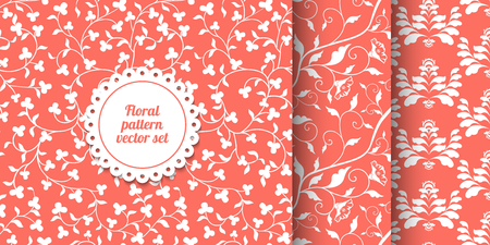 Collection of seamless coral pink floral patterns. Living Coral - 2019 Color of the Year. White laves and flowers vector texture. Repeating damask background. Wrapping paper or cloth print. Page fill.のイラスト素材