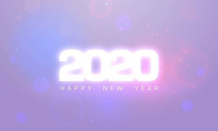 2020 Happy New Year glow text design. Greeting card for 2020 with wishes. Brochure design template, poster, banner or flyer. Vector white fireworks sparks background. Neon purple light flare.のイラスト素材