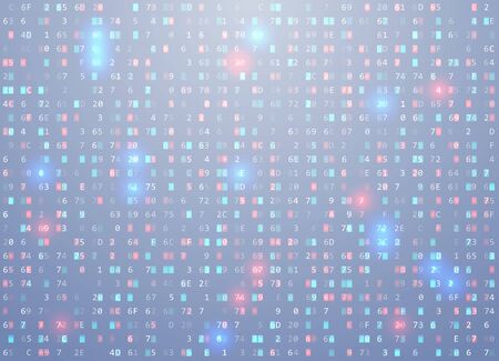 Vector hex code background with highlight an important element, error, memory vulnerability. Big data and programming hacking, decryption and encryption, computer streaming. Coding Hacker.のイラスト素材