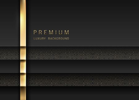 Vector luxury tech background. Stack of black paper material layer with gold stripe and golden geometric pattern. Premium design.のイラスト素材