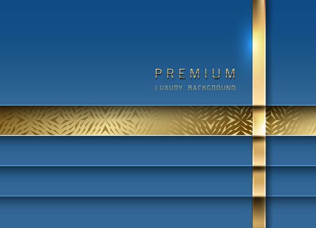 Vector luxury tech background. Stack of classic blue color paper material layer with gold stripe and golden geometric pattern. Premium design.のイラスト素材