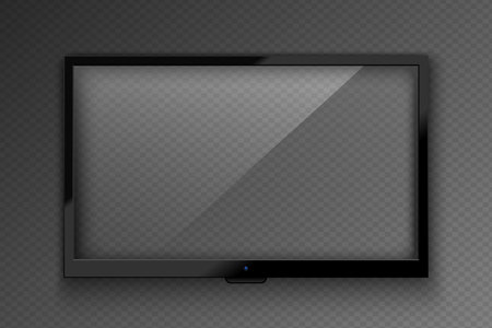 Vector realistic TV led screen isolated on dark transparent background. Modern stylish lcd panel. Computer monitor display mockup. Blank television graphic design mock up element.の写真素材