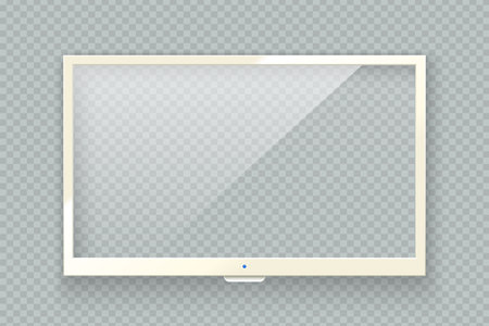 Vector realistic white TV led screen isolated on transparent background. modern lcd panel. Computer monitor display mockup. Blank television graphic design element for catalog, web, as mock up.のイラスト素材