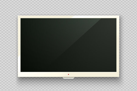 Vector realistic white TV led screen isolated on transparent background. modern lcd panel. Computer monitor display mockup. Blank television graphic design element for catalog, web, as mock up.のイラスト素材