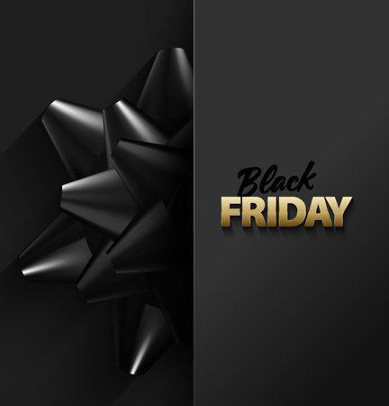 Black Friday Sale vector banner on black background. Half side with golden text and black ribbon bow.の写真素材