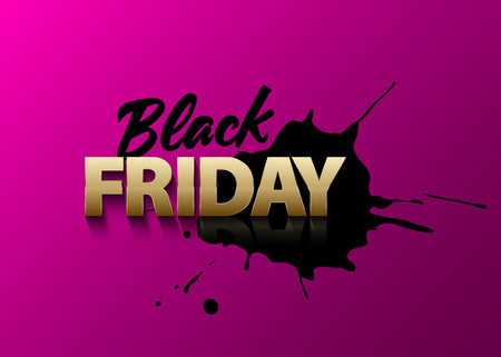 Black Friday vector text on pink background. Golden volume text on black inkblot. Paint spot with reflection. sale web banner.のイラスト素材