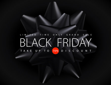 Black Friday Sale vector banner on dark background. White text on glossy black ribbon bow star. Limited time only, take up to percent discount.の写真素材