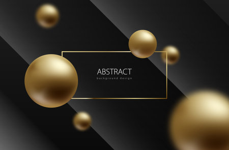 Abstract sphere background. Golden balls on black volume geometric backdrop. gold frame header. Blurred globes. Luxury trendy design.のイラスト素材
