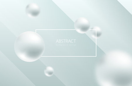 Abstract sphere white background. Pearly balls on light blue volume geometric backdrop. Rectangular frame header. Blured pearl globes. Luxury trendy design.のイラスト素材