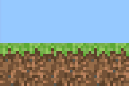 Pixel  style background. Concept of game ground pixelated horizontal seamless background with blue sky. vector illustration.のイラスト素材