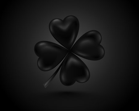 Glossy black clover leaf, dark vector illustration for St. Patrick day. Isolated four-leaf on black background.のイラスト素材