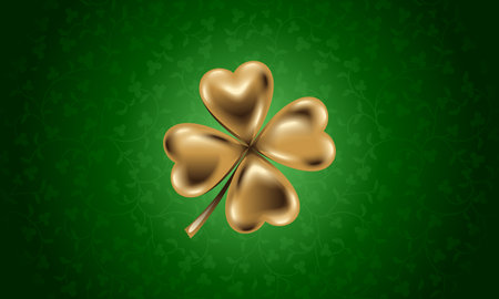 Golden clover leaf, vector illustration for St. Patrick day. Isolated four-leaf on green floral background. Jewelry 3d design.のイラスト素材