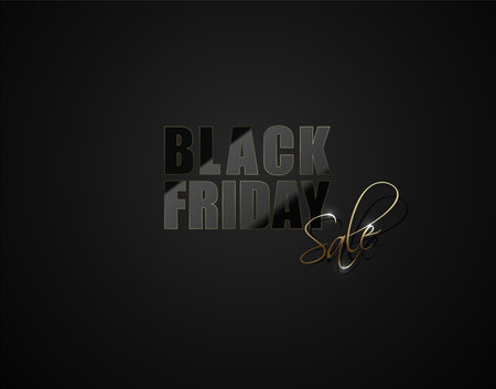Black Friday Sale vector banner. Glossy black text thin golden frame on total black background. Glass effect reflection on letters. sale gold text.のイラスト素材