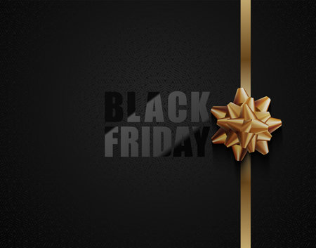 Black Friday vector dark background with golden ribbon bow. Glossy lacquered black text on matt geometric pattern.のイラスト素材