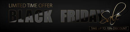 Black Friday Sale vector horizontal banner. Glossy lacquered black letters with thin golden frame on dark background. glass effect reflection. Limited time only, up to 70 percent discount gold text.のイラスト素材
