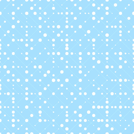 White dots and line geometric seamless pattern. Blue simple graphic print background. Minimalistic wrapping paper. Stylish monochrome grid. Winter snow tech vector texture.のイラスト素材