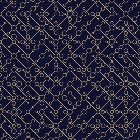 Dots line golden seamless pattern on dark blue background. Abstract technology soft texture. Connected points network tech luxury wrapping paper. Geometric simple monochrome wallpaper.のイラスト素材