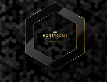 Vector black hexagon. Glossy luxury dark and golden line frame. Honeycomb shape border logo header. Realistic glass frame on black honeycomb glitter pattern background.のイラスト素材