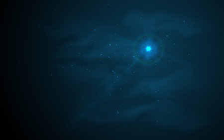 Abstract night blue sun lens flare translucent special light effect design. Vector blur glow glare with dust particles and cloudy haze. Dark mysterious background. Star burst rays accent spotlight.のイラスト素材