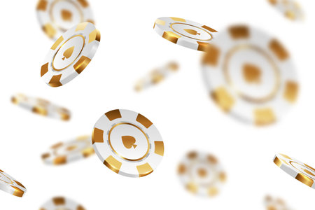 White gold casino chips falling seamless background isolated on white in different positions. Poker endless texture with falling golden defocused blur elements.の写真素材