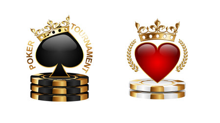 Poker tournament emblem logo isolated on white background. Black spades in golden crown on stack of black casino chips. Royal red hearts in laurel wreath. Vector VIP casino sign design set.のイラスト素材