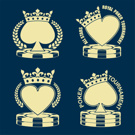 Poker tournament emblem isolated monochrome logo on blue background. Spades in crown and laurel wreath. Royal hearts on stack of casino chips. Vector graphic casino sign design set.のイラスト素材