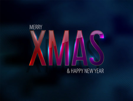Merry Xmas Happy New Year glossy red purple text with light effect. Futuristic vector thin line background. Modern decorative festive Christmas card. Abstract striped background blur effect.の写真素材