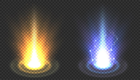 Vector blue and yellow power energy explosion light effect isolated on transparent background. Magic fantasy futuristic portal teleport. Electric lightning bolt sparks. Hot and cold sparkling burst.のイラスト素材