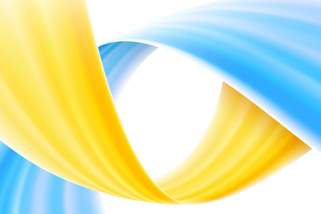 Yellow blue wavy ribbon flow design on white background. Sunny fly effect. Independence Day of Ukraine color line abstract background. Fabric folds web banner design.のイラスト素材