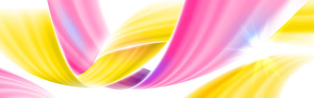 Yellow purple wavy ribbon flow design background horizontal web banner. Flare light, sunny flyng effect. color line abstract background. Fabric fold banner design.のイラスト素材
