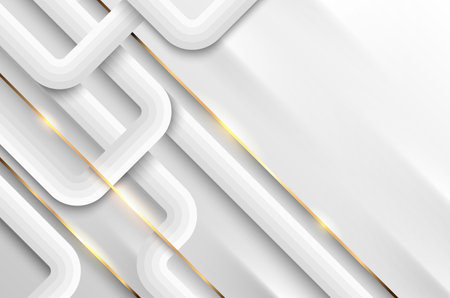 Vector luxury lines retro style abstract background. Layers of diagonal white striped bibbon paper material with thin gold line. Premium poster retro design.のイラスト素材