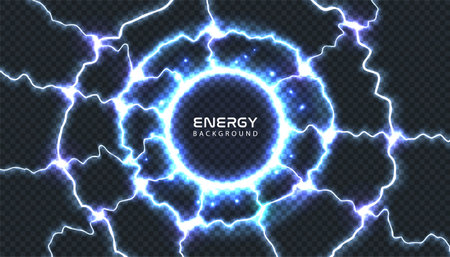 Abstract energy shock lightning ring frame special light effect on transparent background. Vector blue power thunderbolt mesh. Electric high voltage discharge round border. Futuristic space portal.のイラスト素材