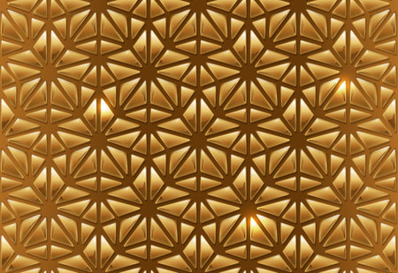 Glossy golden star seamless patern, festive abstract wrapping paper design. Shiny glass triangles luxury star pattern design. Gold jewelery style geometric background.のイラスト素材