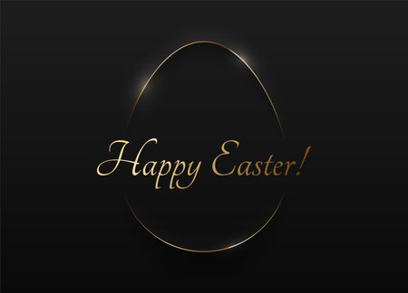 Easter minimalist greeting card black soft 3D egg shape abstract frame gold line design. Happy Easter golden text. Vector design black background. Luxury minimal holiday poster, greeting card, banner.の写真素材