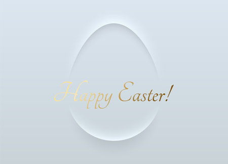 Easter minimalist greeting card white soft 3D egg shape abstract frame design. Happy Easter golden text. Vector design white background. Luxury minimal holiday poster, greeting card, banner.の写真素材