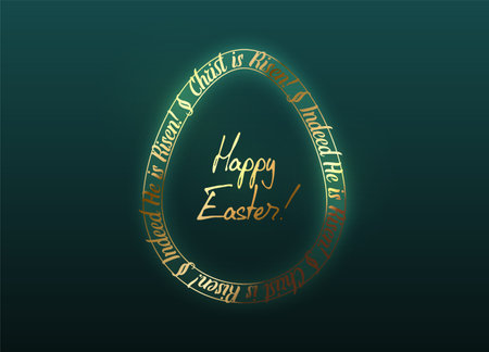 Easter luxury greeting card egg shape golden abstract Christ is risen, indeed He is risen text frame design. Happy Easter golden text. Vector design green background. Luxury holiday poster, banner.の写真素材